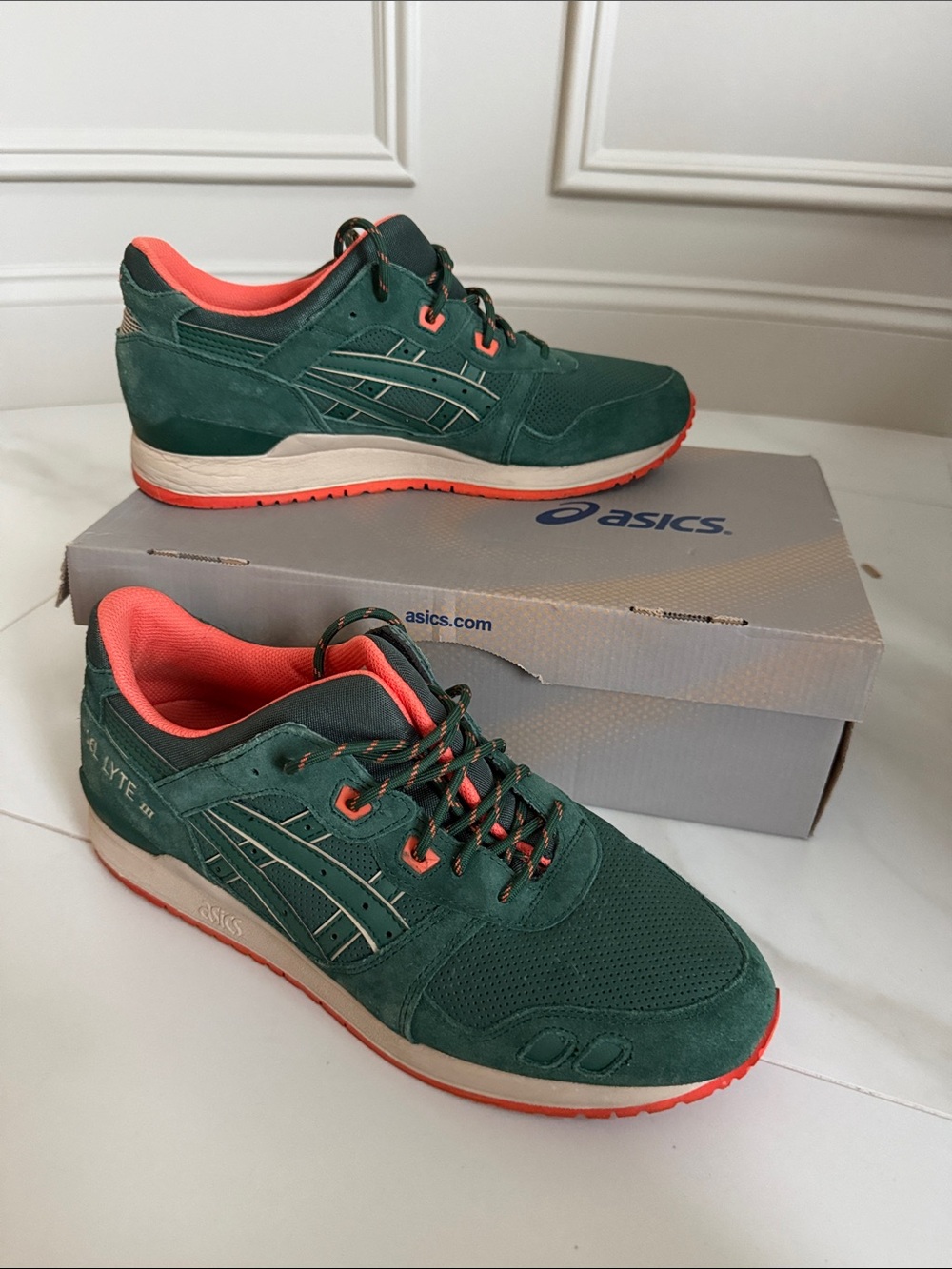 ASICS Men's Green Suede Athletic Sneakers with Coral Accents